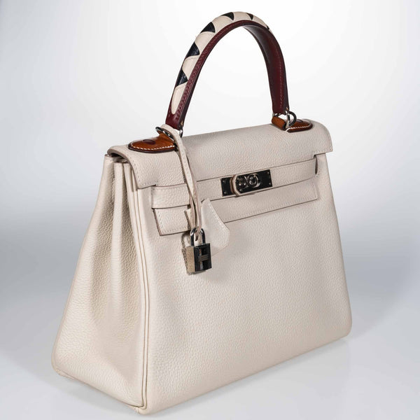 Hermès Kelly 28 Retourne au Galop Craie, Rouge H, Fauve and Black Togo Palladium Hardware