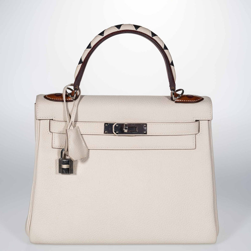 Hermès Kelly 28 Retourne au Galop Craie, Rouge H, Fauve and Black Togo Palladium Hardware